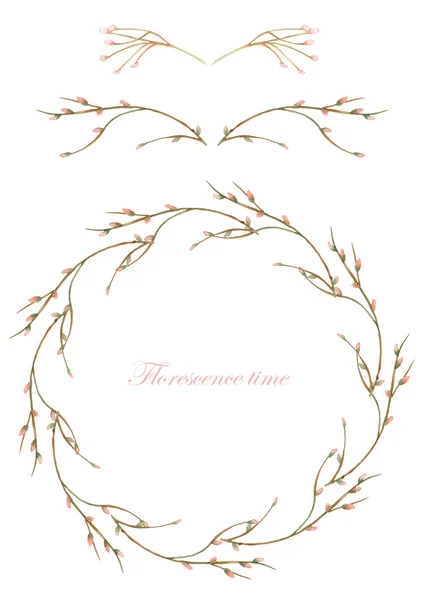 Frame border, decorative floral elements and wreath of the  branches with buds painted in a watercolor on a white background, greeting card, decoration postcard or invitation — Stok fotoğraf