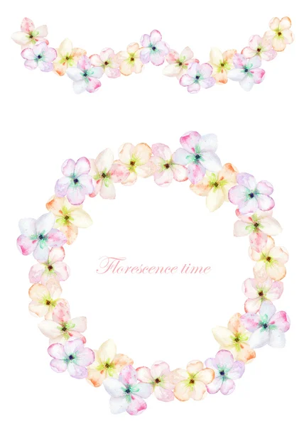 Frame border, garland and wreath of the tender pink blooming flowers, painted in a watercolor on a white background, greeting card, decoration postcard or invitation — Stock Photo, Image