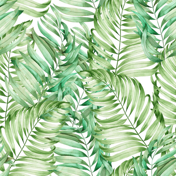Бесшовный узор с акварельными ветвями листьев ладони, раскрашенной на белом фоне
