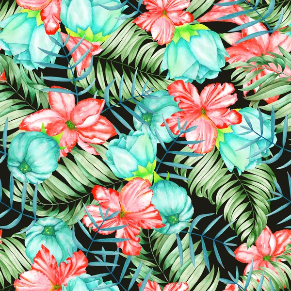 A seamless pattern with the watercolor red and turquoise exotic flowers, hibiscus and the leaves of the palms — Stockfoto