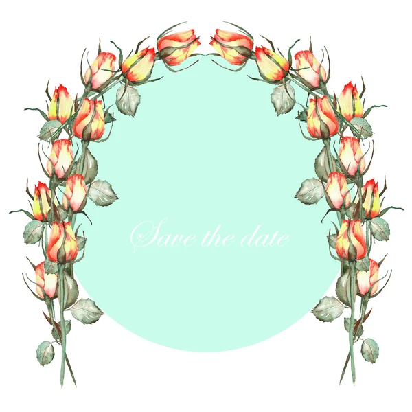 An arch wreath (frame) of the red and yellow roses painted in a watercolor, a place for a text — Stock Photo, Image