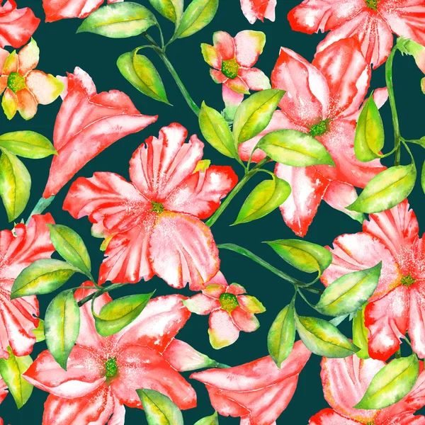 A seamless pattern with the watercolor red exotic flowers, hibiscus — Zdjęcie stockowe