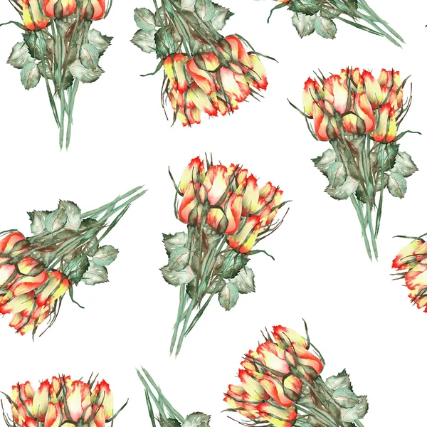 A seamless pattern with the watercolor beautiful bouquets of the red and yellow roses on a white background — 图库照片