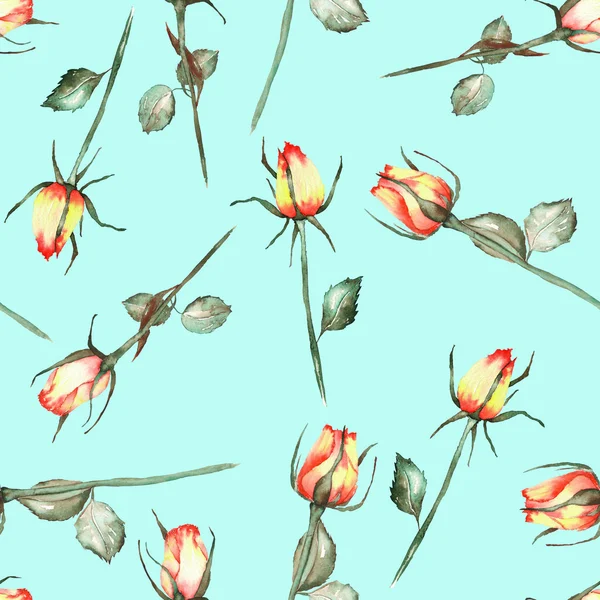 A seamless pattern with the watercolor beautiful red and yellow roses on a white background — Stok fotoğraf