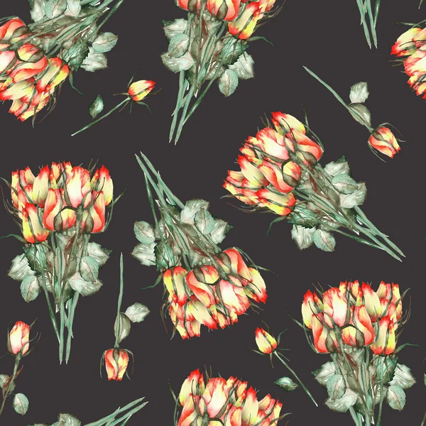 A seamless pattern with the watercolor beautiful bouquets of the red and yellow roses on a black background — Stockfoto