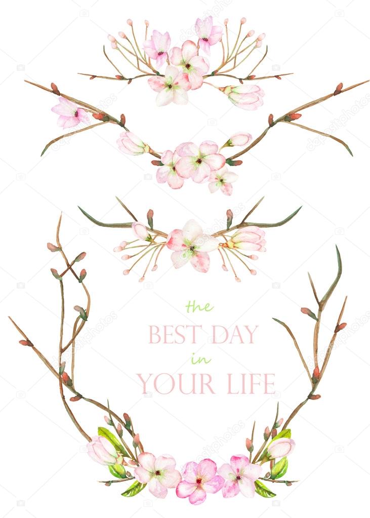 A set with the frame borders, floral decorative ornaments with the watercolor blooming flowers, leaves and branches with the buds for a wedding or other decoration