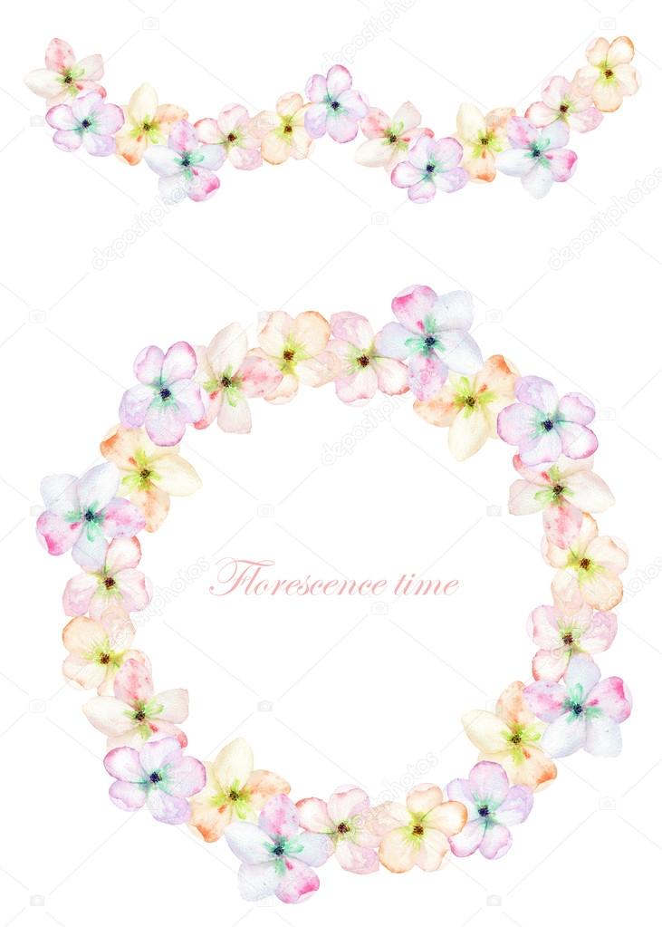 Frame border, garland and wreath of the tender pink blooming flowers, painted in a watercolor on a white background, greeting card, decoration postcard or invitation