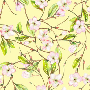 A seamless floral pattern with an ornament of an apple tree branch with the tender pink blooming flowers and green leaves, painted in a watercolor