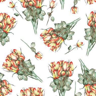 A seamless pattern with the watercolor beautiful bouquets of the red and yellow roses on a white background