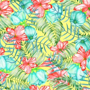 A seamless pattern with the watercolor red and turquoise exotic flowers, hibiscus and the leaves of the palms