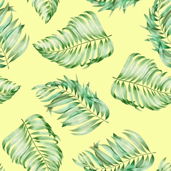 Un modello senza soluzione di continuità con i rami ad acquerello delle foglie di una palma dipinta su sfondo giallo — Foto Stock