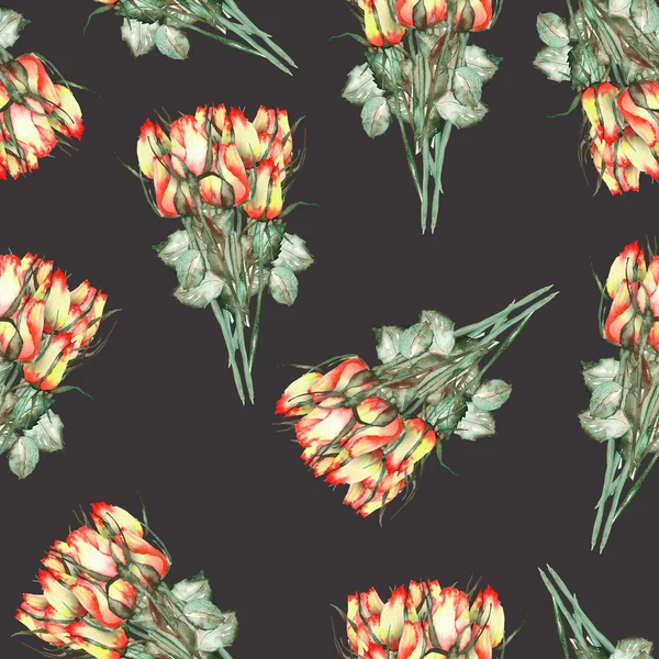 A seamless pattern with the watercolor beautiful bouquets of the red and yellow roses on a black background — 图库照片