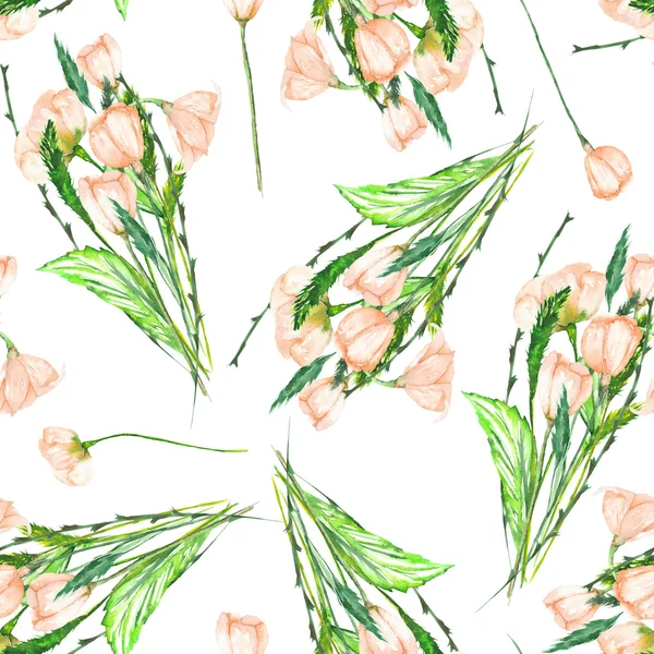 Un motif sans couture avec les beaux bouquets aquarelle des fleurs sauvages de printemps rose tendre sur un fond blanc — Photo