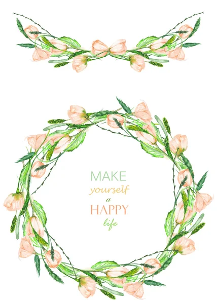 Frame border, garland and wreath of the tender pink spring flowers with the green leaves painted in a watercolor on a white background, greeting card, decoration postcard or invitation — Stock Photo, Image