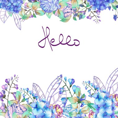 Frame border, template for postcard with purple and blue Hydrangea flowers, bluebell and branches painted in watercolor on a white background, greeting card, decoration postcard or invitation