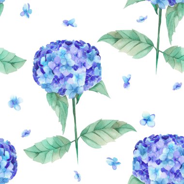 A seamless pattern of the beautiful watercolor blue Hydrangea flowers