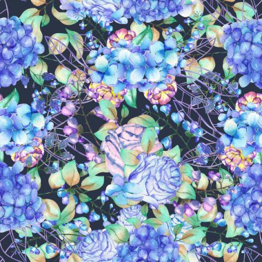 A seamless floral pattern with the bouquets of Hydrangea flowers, blue roses and leaves, painted in a watercolor on a dark background