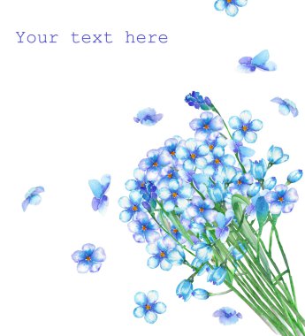 A template of postcard with a bouquet of the watercolor blue forget-me-not flowers (Myosotis) for a greeting card, decoration postcard or invitation
