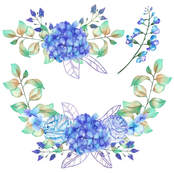 A set of the watercolor bouquets with the blue Hydrangea flowers, bluebell flowers and green leaves and plants — 스톡 사진