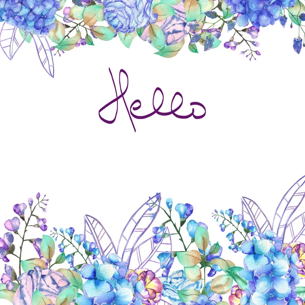Frontera de marco, plantilla para postal con flores de hortensias púrpura y azul, bluebell y ramas pintadas en acuarela sobre fondo blanco, tarjeta de felicitación, postal de decoración o invitación —  Fotos de Stock