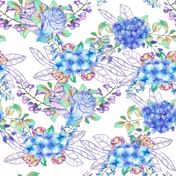 A seamless floral pattern with the bouquets of Hydrangea flowers, blue roses and leaves, painted in a watercolor on a white background — 스톡 사진