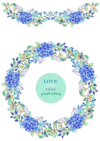 Borda de armação, grinalda e grinalda das flores de hortênsia azul e folhas verdes, pintadas em uma aquarela, um cartão de saudação, cartão postal de decoração ou convite — Fotografia de Stock
