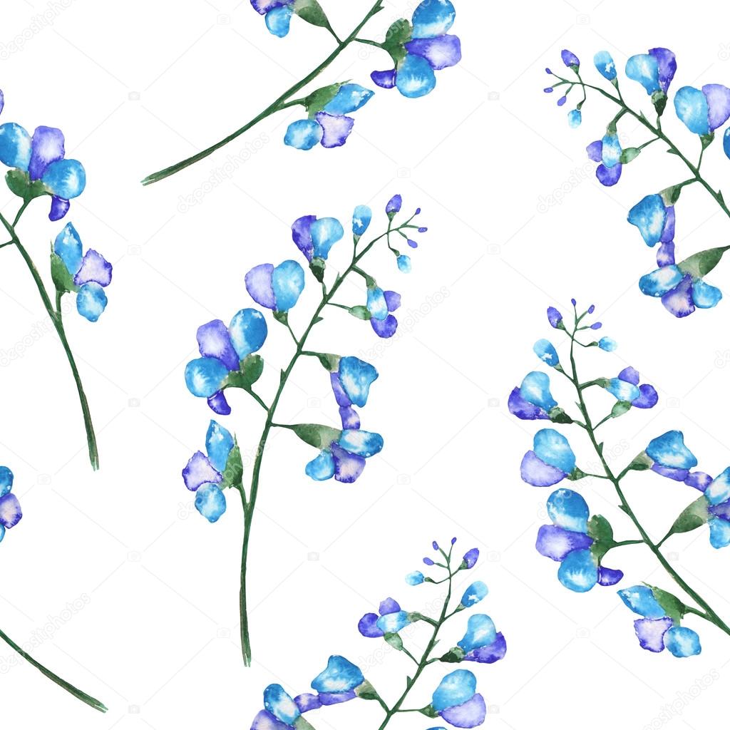 Seamless pattern with the branches of blue flowers (bluebell), painted in a watercolor on a white background