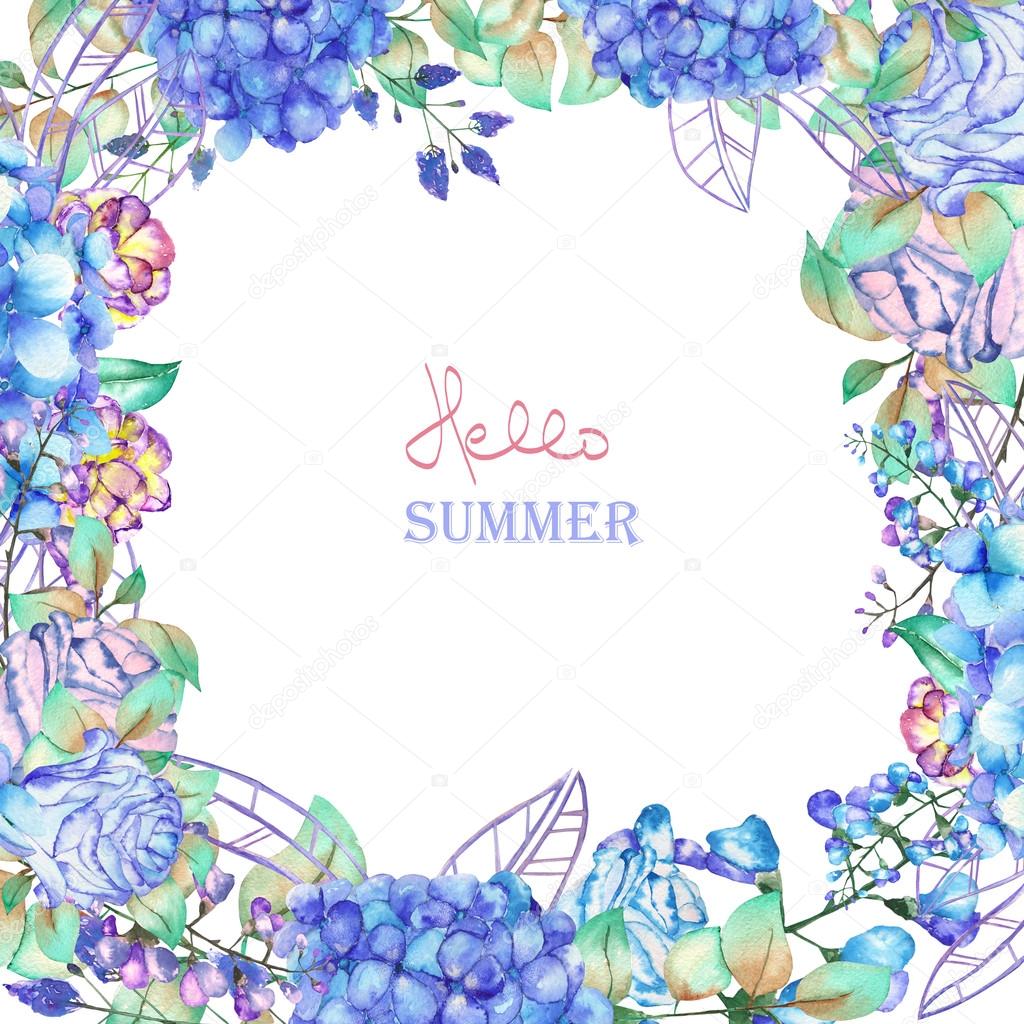 A floral frame of the watercolor blue flowers, Hydrangea and Roses, a place for a text