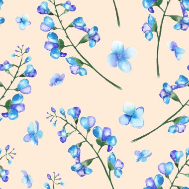 Seamless pattern with the branches of blue flowers (bluebell), painted in a watercolor on a pink background