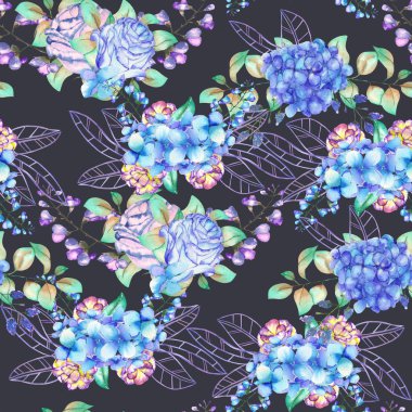 A seamless floral pattern with the bouquets of Hydrangea flowers, blue roses and leaves, painted in a watercolor on a dark background