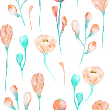 A seamless pattern with the watercolor beautiful  tender pink and turquoise spring wildflowers on a white background clipart
