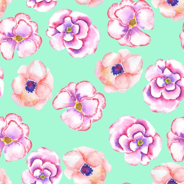 A seamless pattern with the watercolor tender pink spring wildflowers painted on a mint background