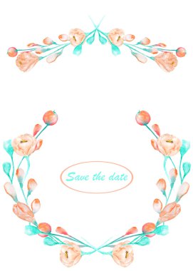 Frame border, garland and wreath of the tender pink and turquoise spring flowers painted in a watercolor on a white background, greeting card, decoration postcard or invitation
