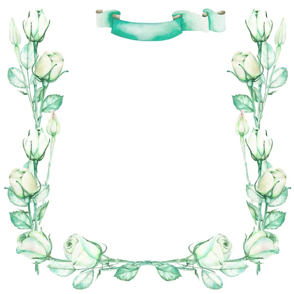 Ein dekorativer Rahmen mit einer Verzierung des Aquarells zarte grüne Rosen für einen Text, Hochzeitseinladung — Stockfoto
