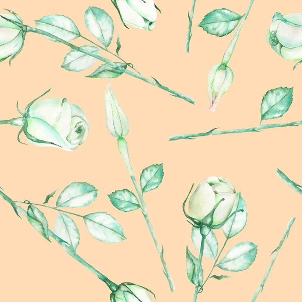 Un modello senza soluzione di continuità con le rose verdi teneri acquerello su uno sfondo rosa crema — Foto Stock
