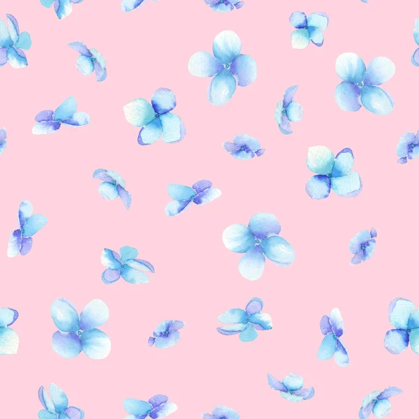 A seamless pattern with the blue flowers (Myosotis), painted in a watercolor on a pink background — Stock fotografie