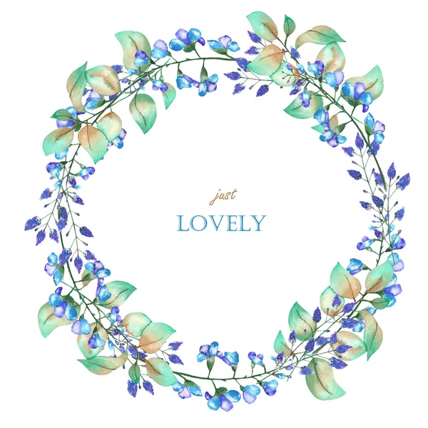 A floral circle frame (wreath) of the watercolor blue flowers and green leaves, a place for a text — Stock Fotó