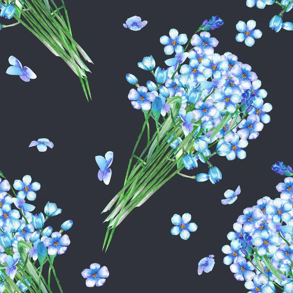 Seamless pattern with the bouquets of blue forget-me-not flowers (Myosotis), painted in a watercolor on a dark background — Stok fotoğraf
