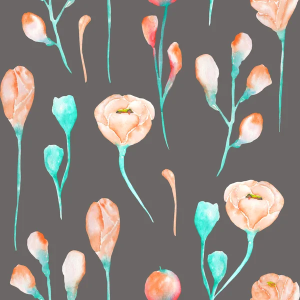 A seamless pattern with the watercolor beautiful  tender pink and turquoise spring wildflowers on a dark background — Stock fotografie
