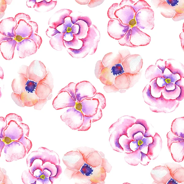 A seamless pattern with the watercolor tender pink spring wildflowers painted on a white background — Stockfoto