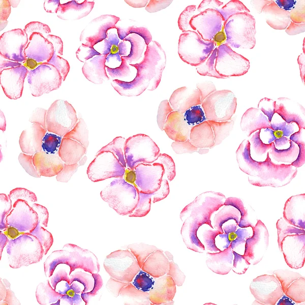 A seamless pattern with the watercolor tender pink spring wildflowers painted on a white background