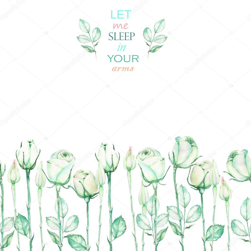A decorative place (banner) with an ornament of the watercolor tender green roses for a text, wedding invitation