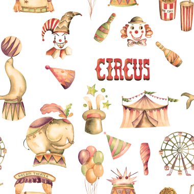 Suluboya retro Sirk elemanları ile seamless modeli: Hava balonlar, pop corn, sirk çadırı (kayan yazı), dondurma, sirk hayvanlarıyla, palyaçolar, dönme dolap ve diğer. Beyaz bir arka plan üzerine boyalı