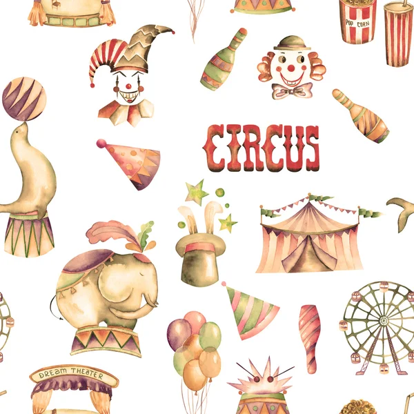 A seamless pattern with the watercolor retro circus elements: air balloons, pop corn, circus tent (marquee), ice cream, circus animals, clowns, Ferris wheel and other. Painted on a white background — Stock Photo, Image
