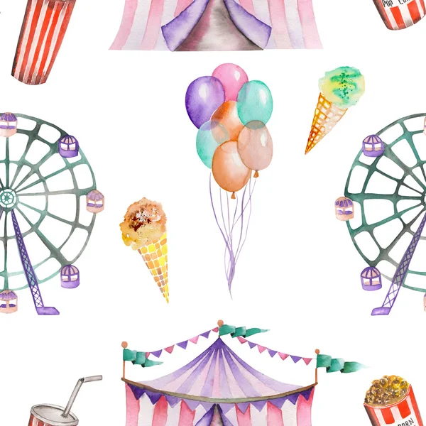 A seamless pattern with the watercolor circus elements: air balloons, pop corn, circus tent (marquee), ice cream and  Ferris wheel. Painted on a white background — Stock Photo, Image