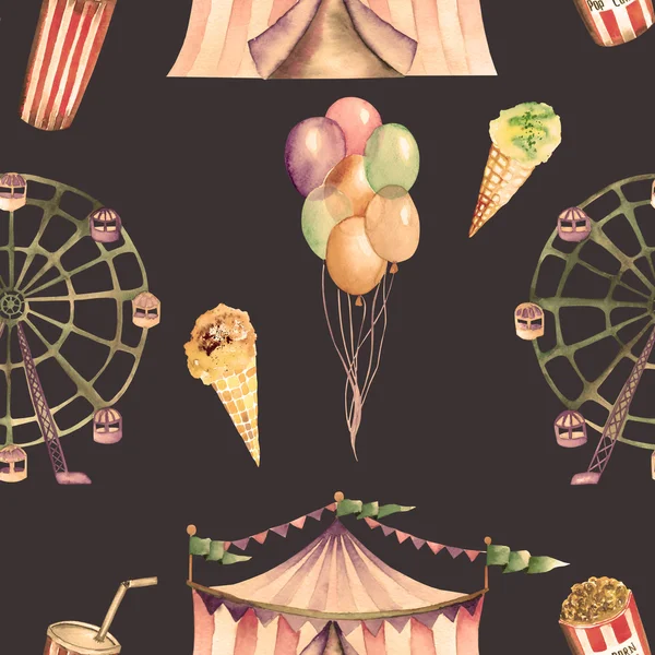 A seamless pattern with the watercolor circus elements: air balloons, pop corn, circus tent (marquee), ice cream and  Ferris wheel. Painted on a dark background