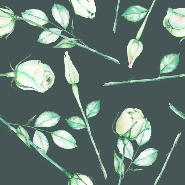 Безшовний візерунок з акварельними ніжними зеленими трояндами на темно-зеленому тлі — стокове фото