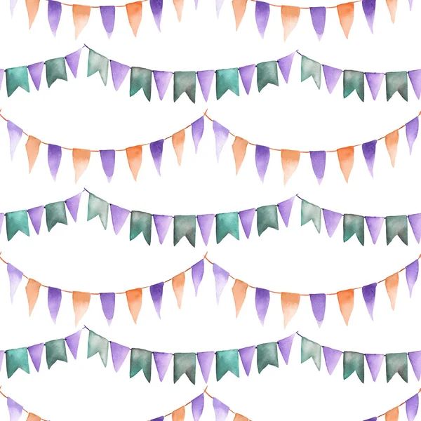 Акварель бесшовный узор с гирляндой фиолетового, зеленого и оранжевого флагов — стоковое фото