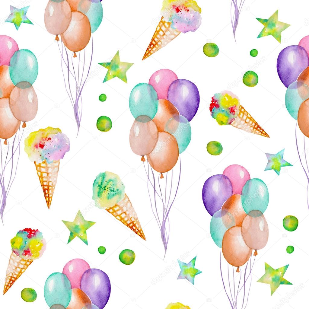 A seamless pattern with the watercolor hand drawn party or circus elements: air balloons, ice cream and stars. Painted on a white background.