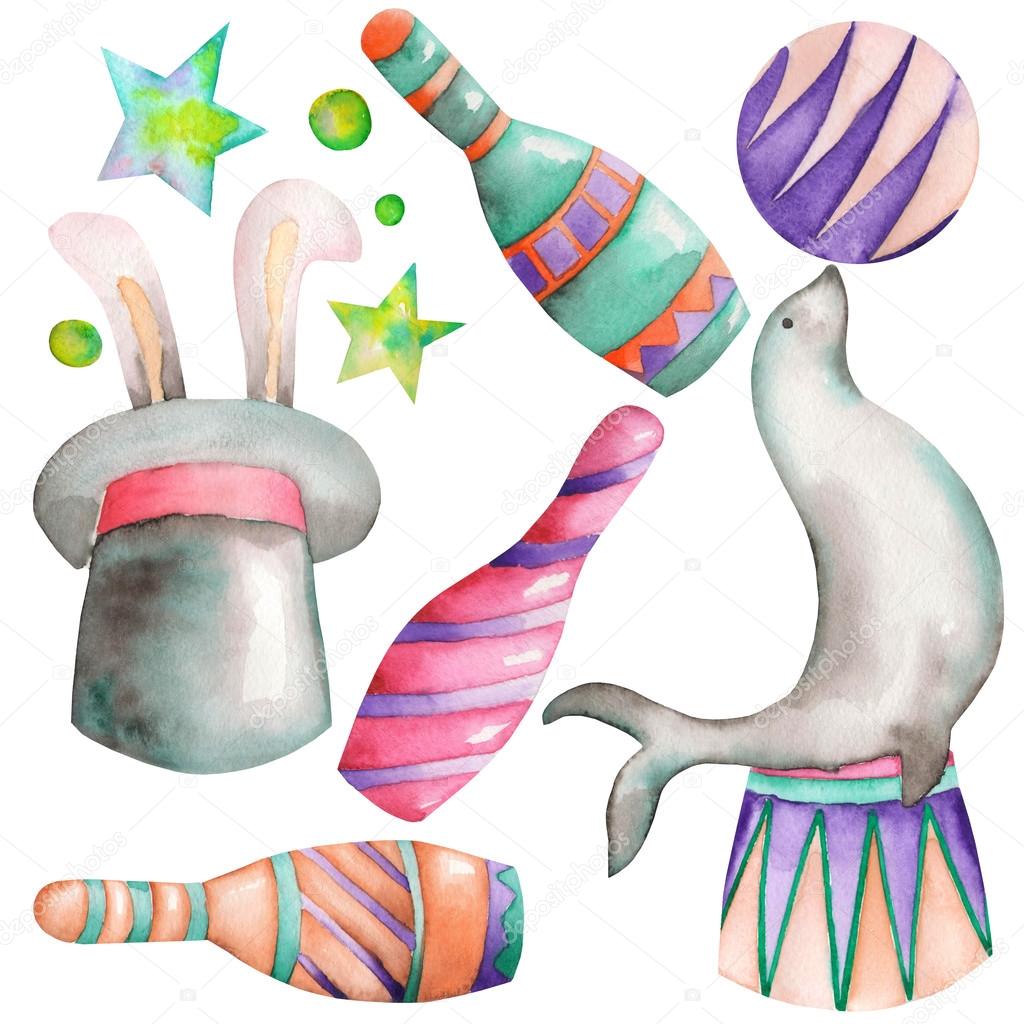 A watercolor circus set with the hand drawn elements: a fur seal with a ball, a hat with a rabbit and circus bowls. Painted on a white background.